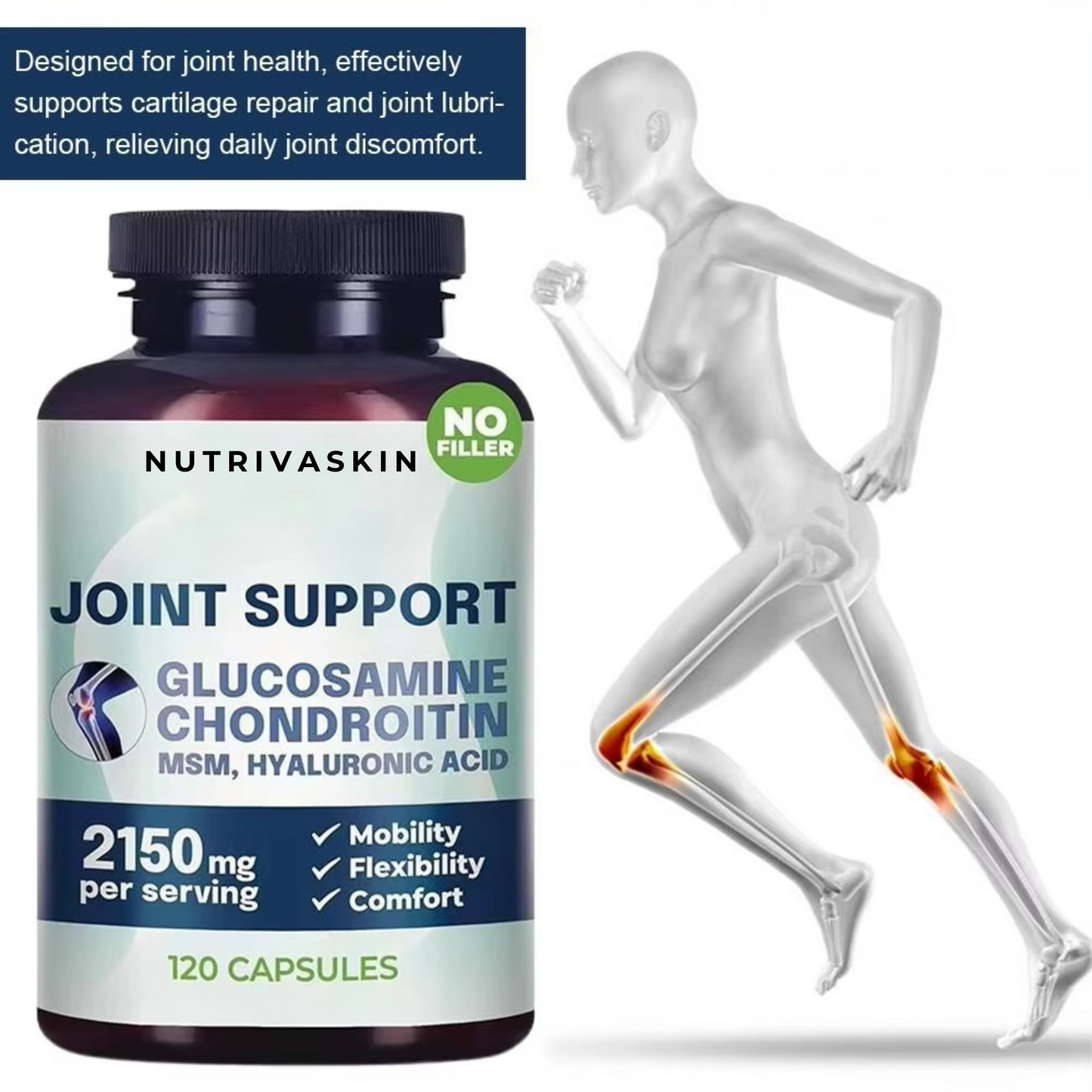 NutrivaSkin™ Joint-Flex Support — Glucosamine + Chondroitin + MSM Triple-Action Formula
